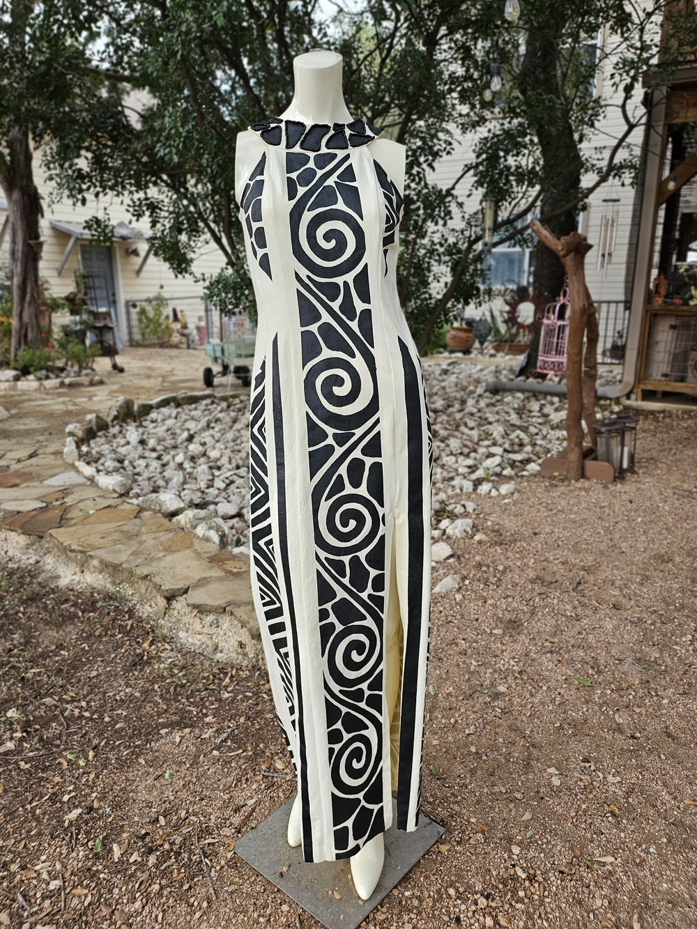 Sindashi San Miguel One Of A Kind Handpainted Black White Geometric Maxi Dress S